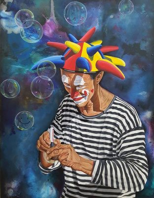 Der Lachen-Macher, aus der Serie "Stille Poesie", 2018, 70 x 90 cm, Öl auf Leinwand